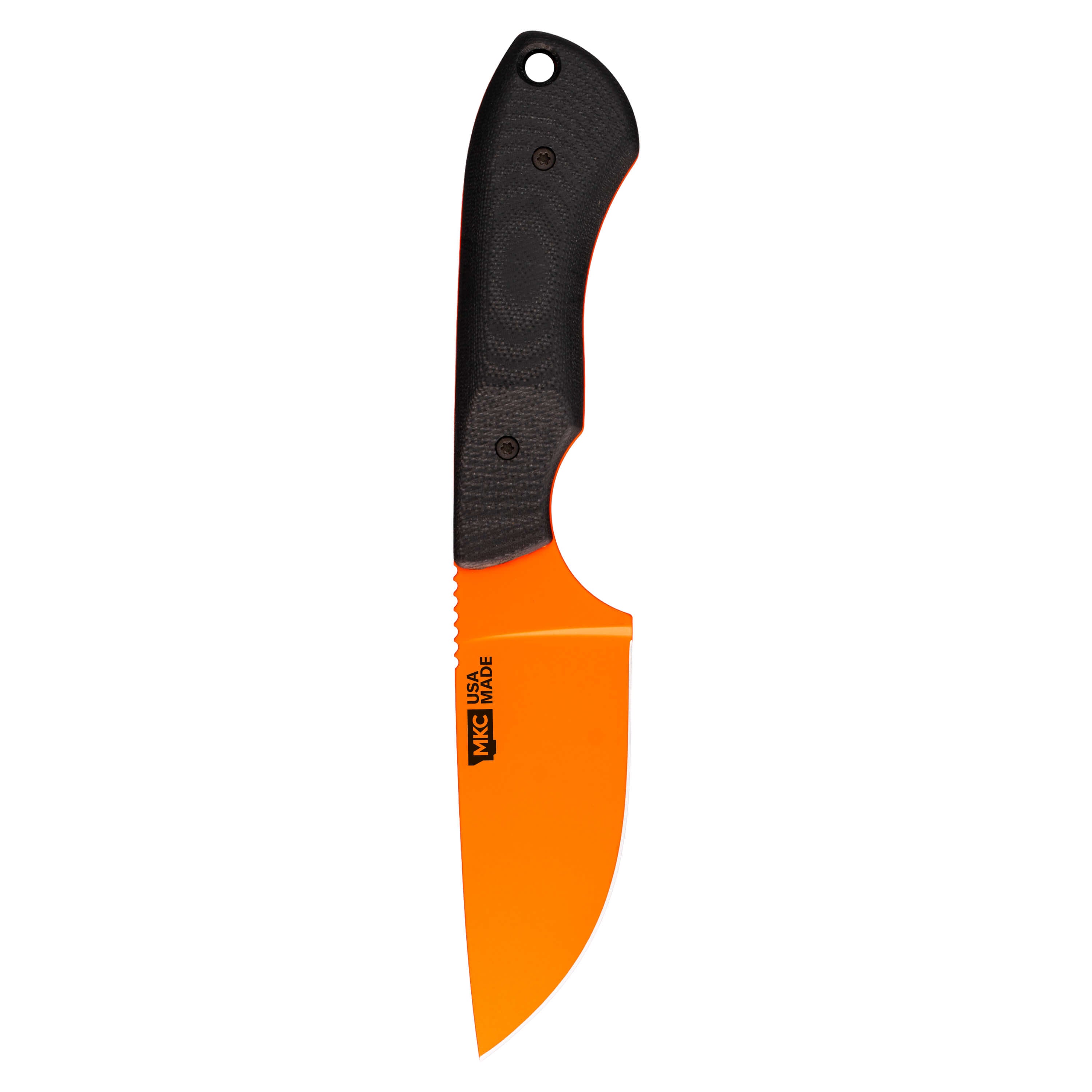 MKC Elk Knife with a blaze orange Cerakote blade and black textured handle, designed for hunting and outdoor use.