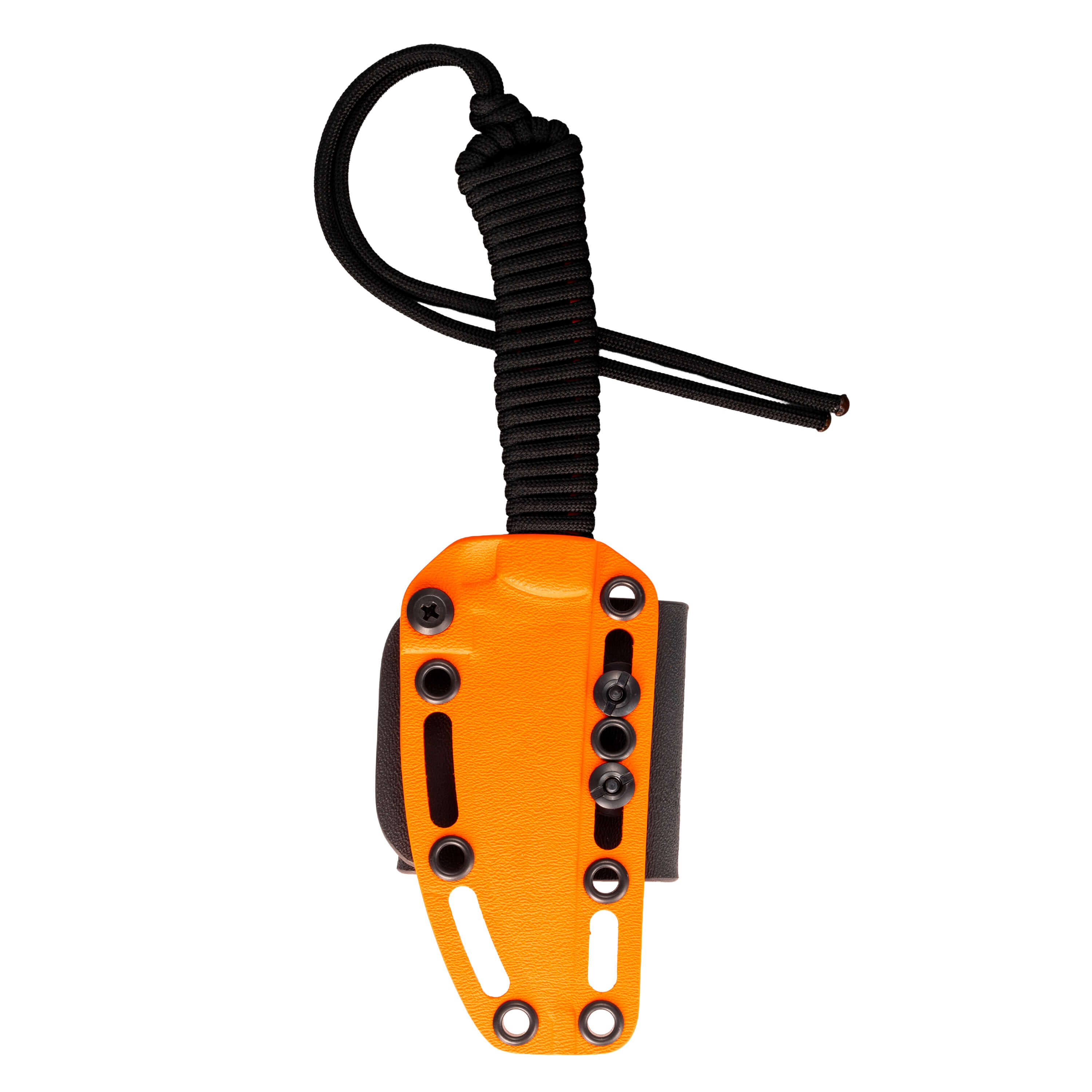 Blaze orange Cerakote knife sheath with a black paracord lanyard, designed for the SPEEDGOAT 2.0 knife.