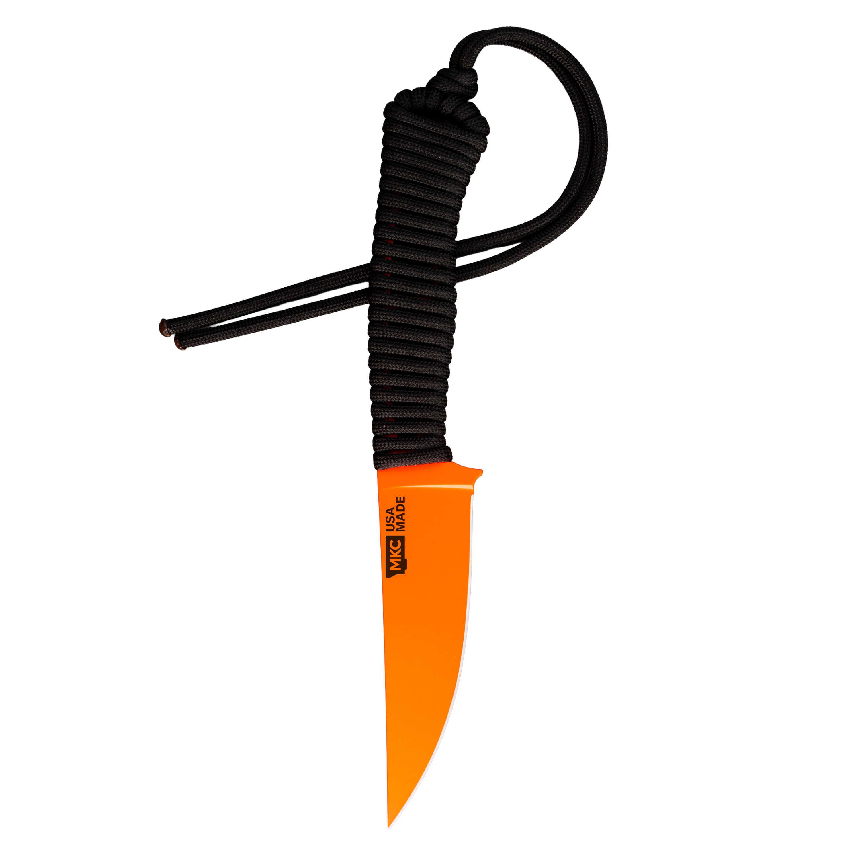 SPEEDGOAT 2.0 knife with blaze orange Cerakote finish and black paracord handle, designed for outdoor use.