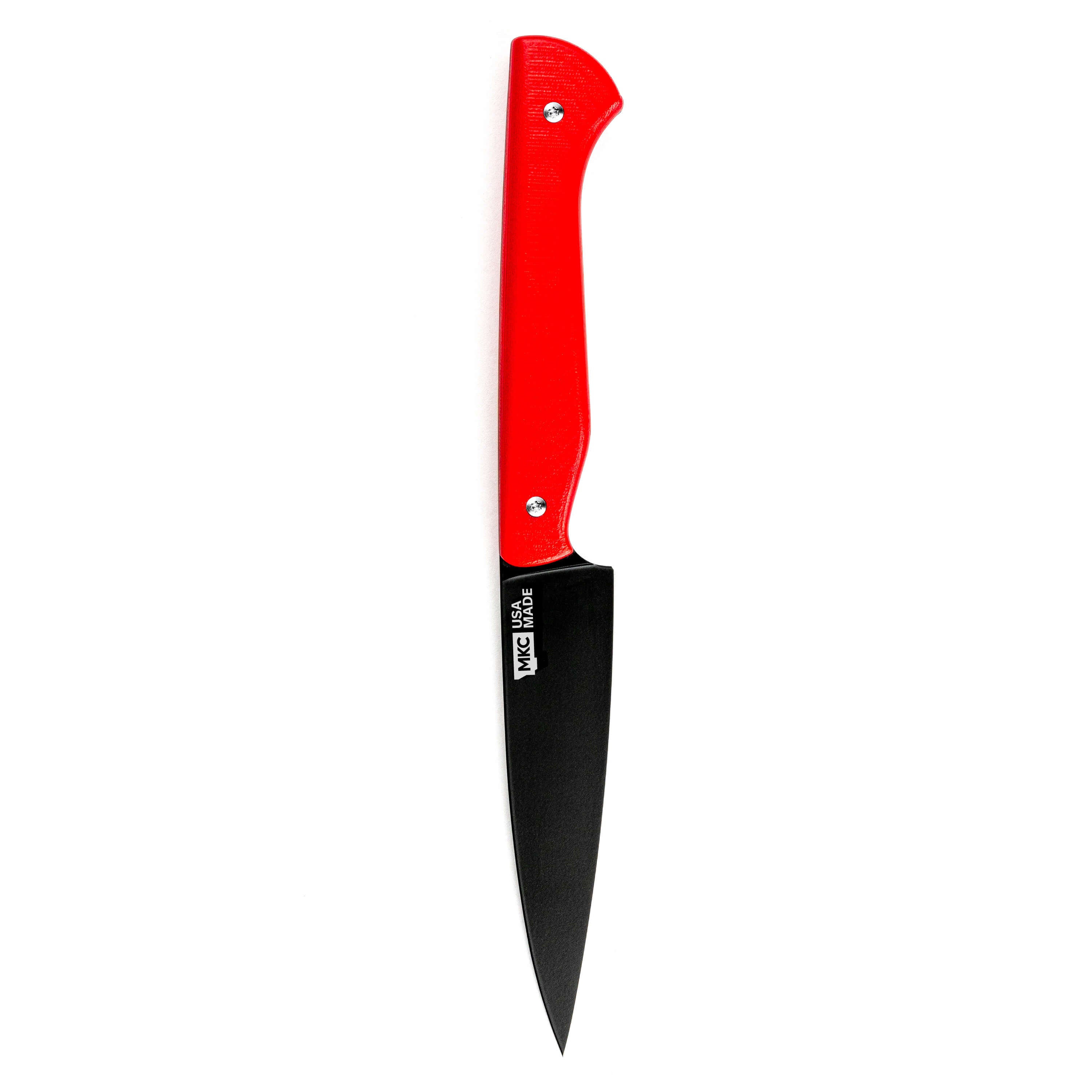 Montana Knife Company's Cutbank paring knife features a sleek black blade and a vibrant red handle, ideal for precision tasks.