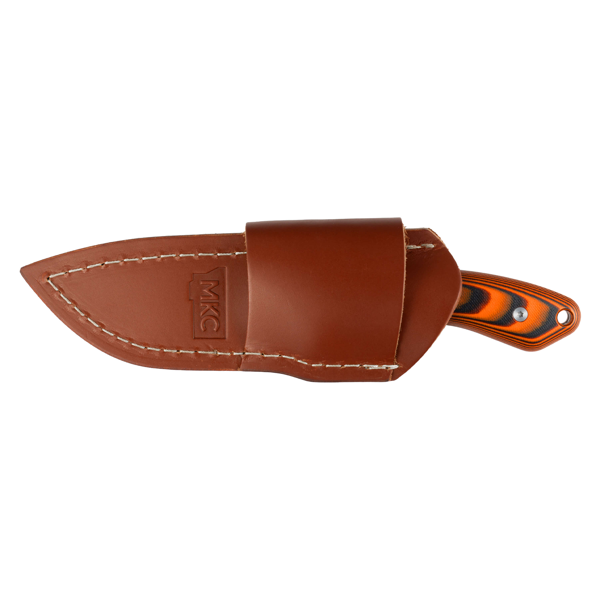 Horizontal belt carry leather sheath for MULE DEER knife, featuring durable leather and a secure fit for outdoor use.