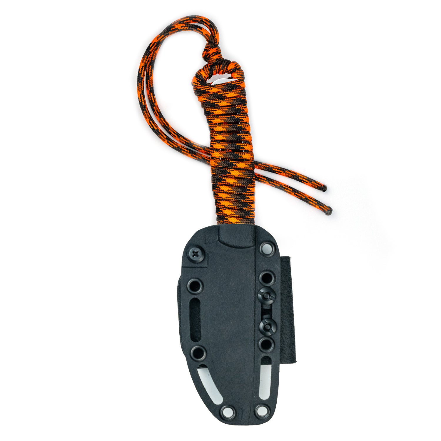 Alt text: Orange and black paracord-wrapped MagnaCut Stoned Goat 2.0 knife sheathed in a black Kydex holster, featuring a loop handle, displayed on a white background.
